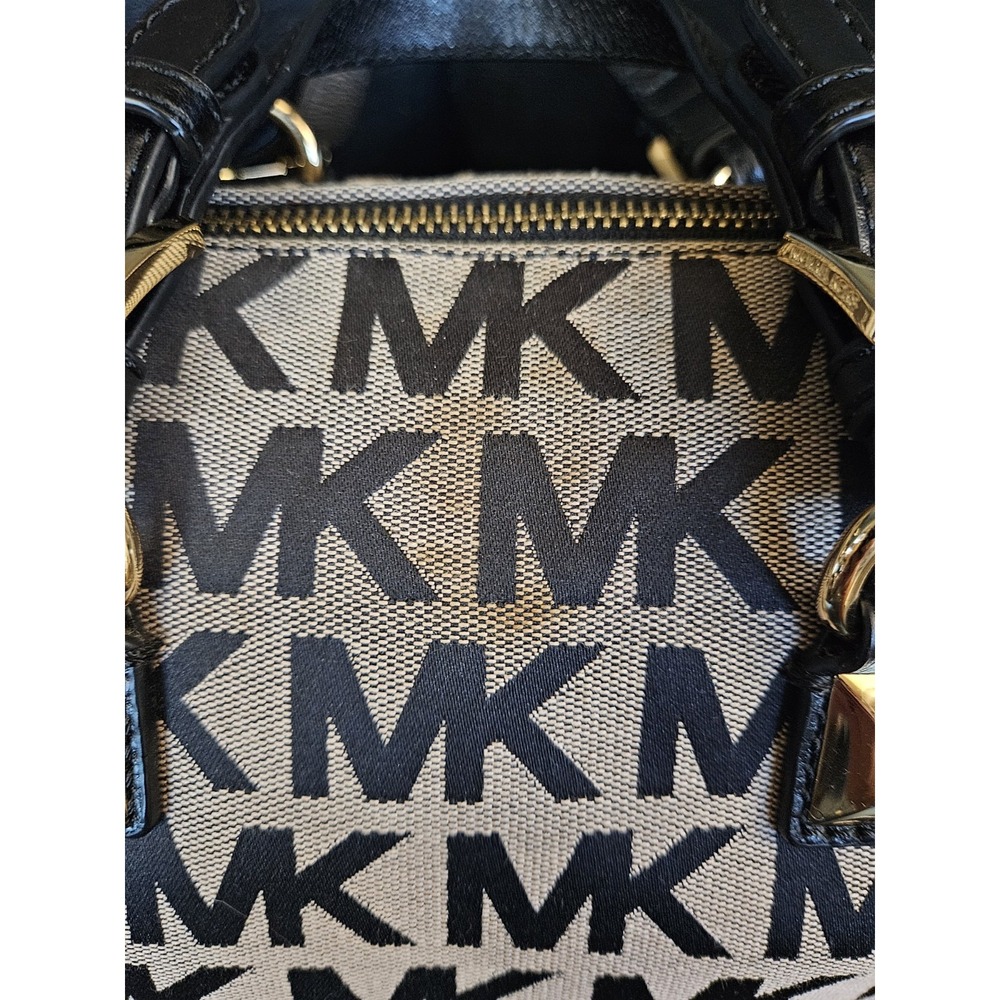 Michael Kors MK Signature Jacquard Satchel Black Beige Gold Hardware Handbag - Picture 4 of 9